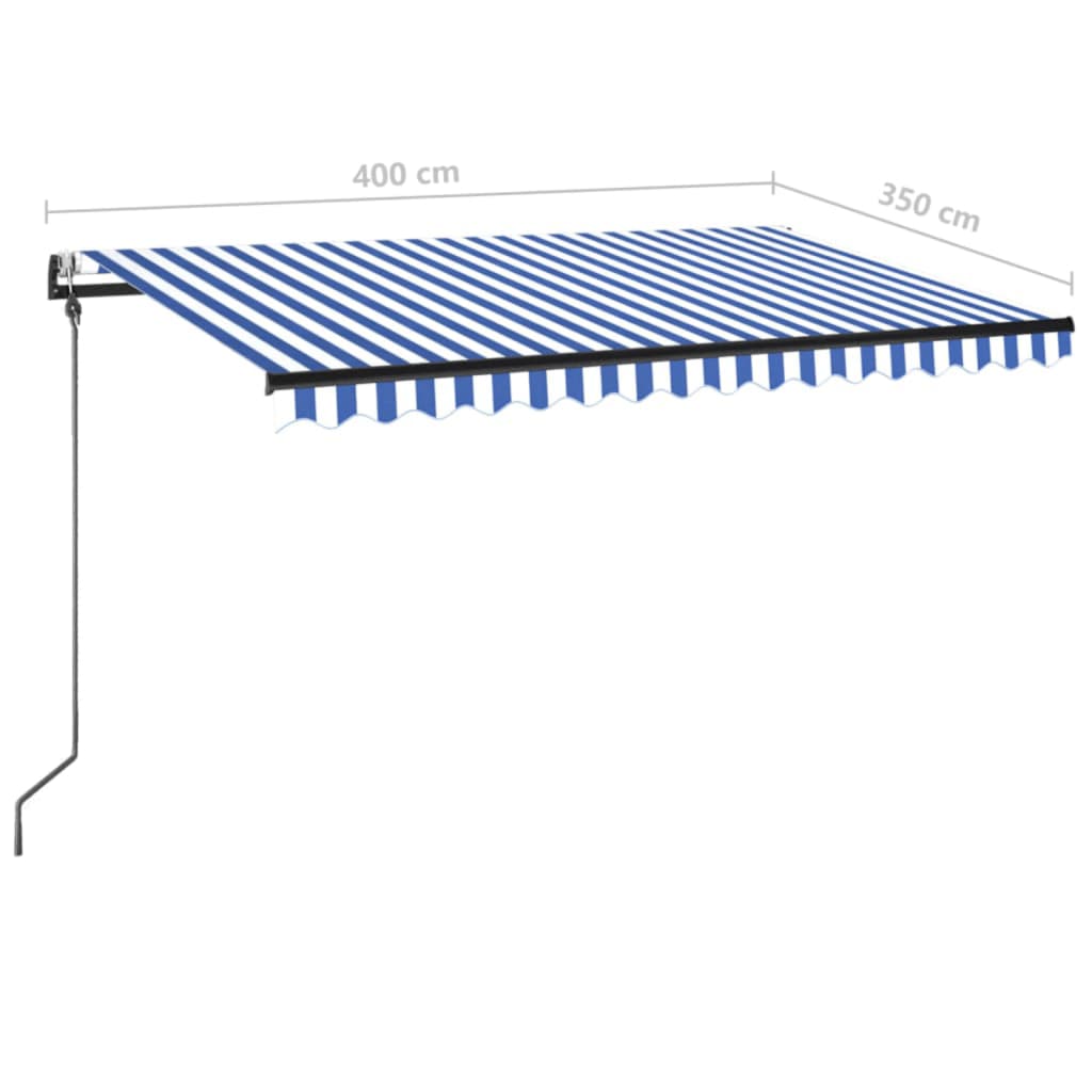 Retractable awning LED/wind sensor 400x350 cm blue and white.