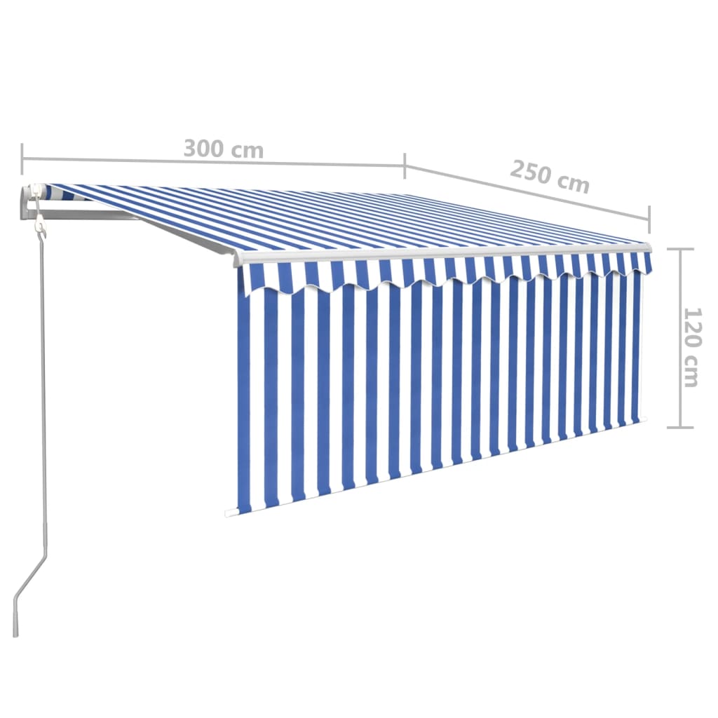 Automaattimarkiisi verho/LED/tuulisensori 3x2,5 m sinivalkoinen