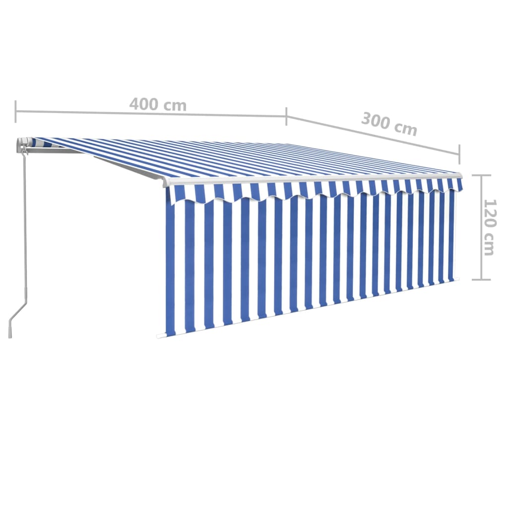 Manuaalisesti kelattava markiisi verho/LED 4x3 m sinivalkoinen