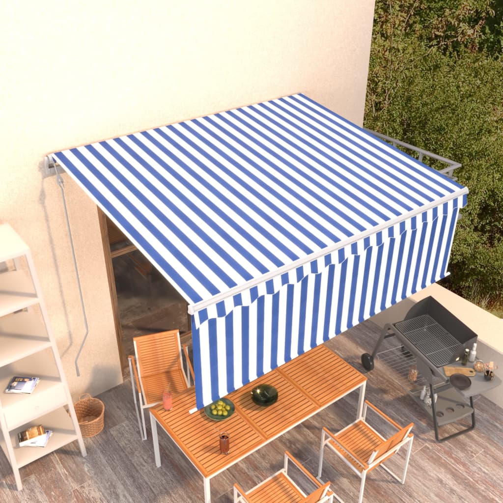 Automatic retractable awning curtains 4x3 m blue and white