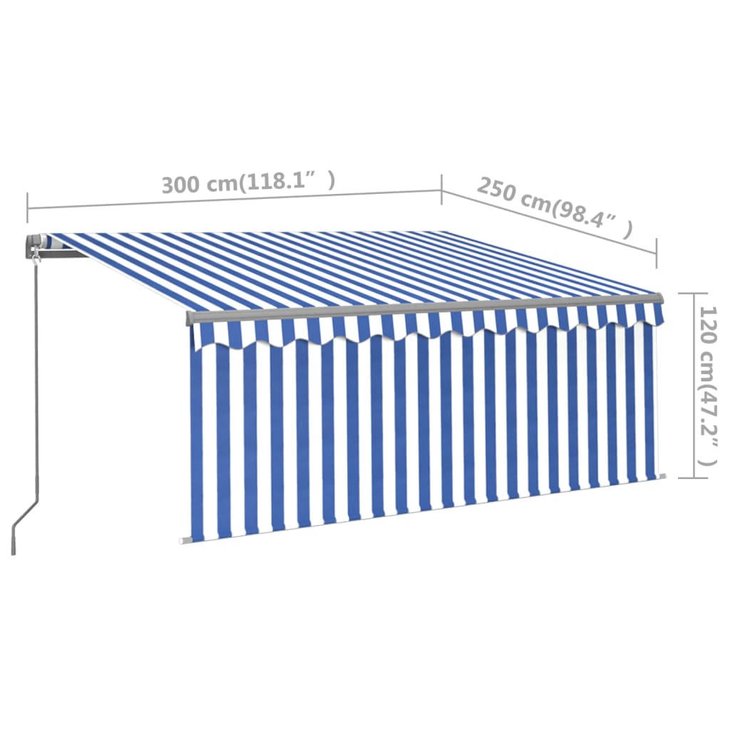 Manuaalisesti kelattava markiisi verho/LED 3x2,5m sinivalkoinen