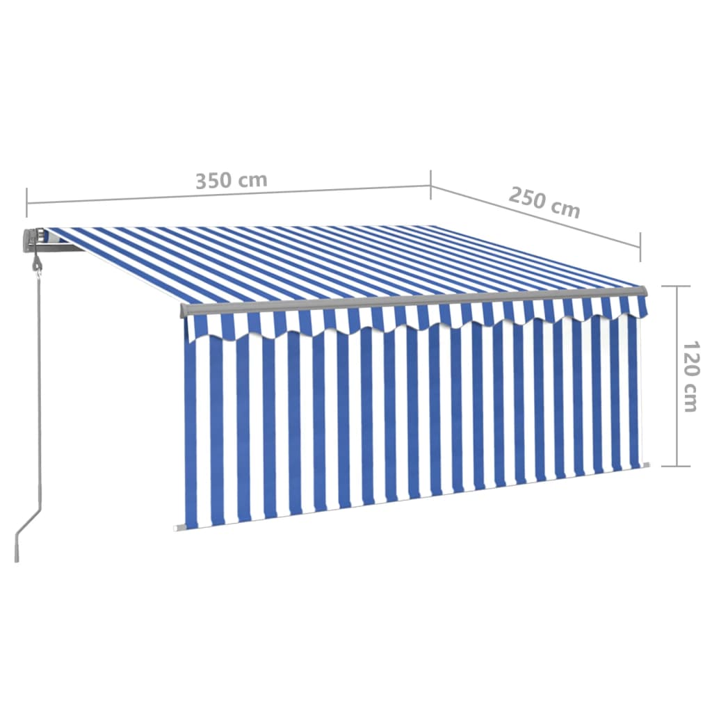 Automaattisesti kelautuva markiisi verholla 3,5x2,5 m sinivalk.