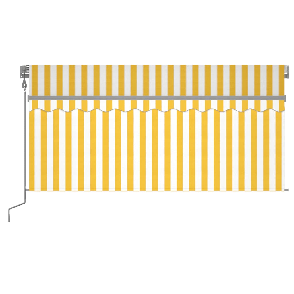 Automatische Markise mit Vorhang 3,5 x 2,5 m, gelb und weiß.