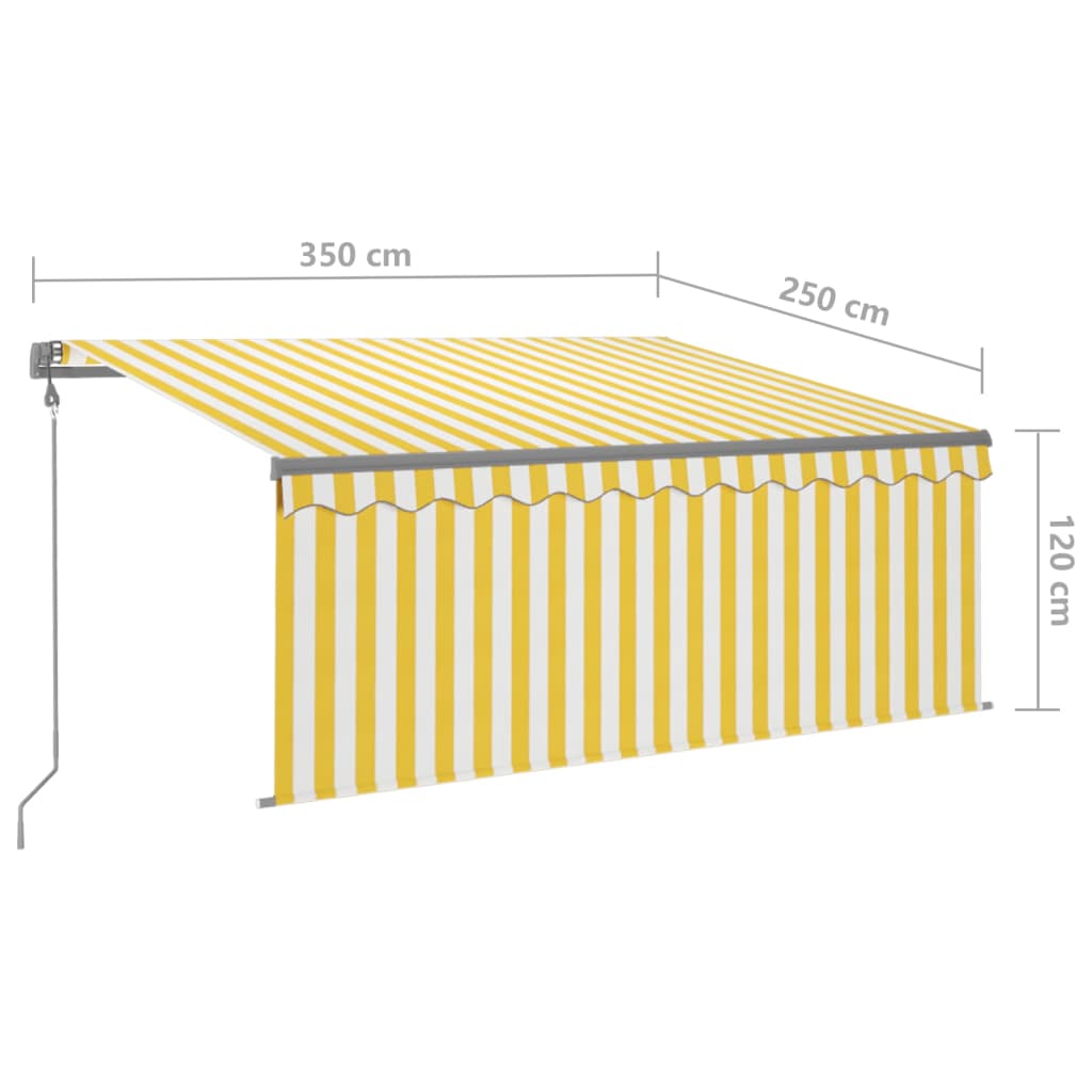 Automatische Markise mit Vorhang 3,5 x 2,5 m, gelb und weiß.