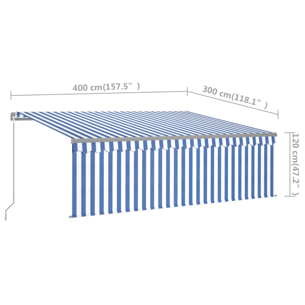 Manuaalisesti kelattava markiisi verho/LED 4x3 m sinivalkoinen