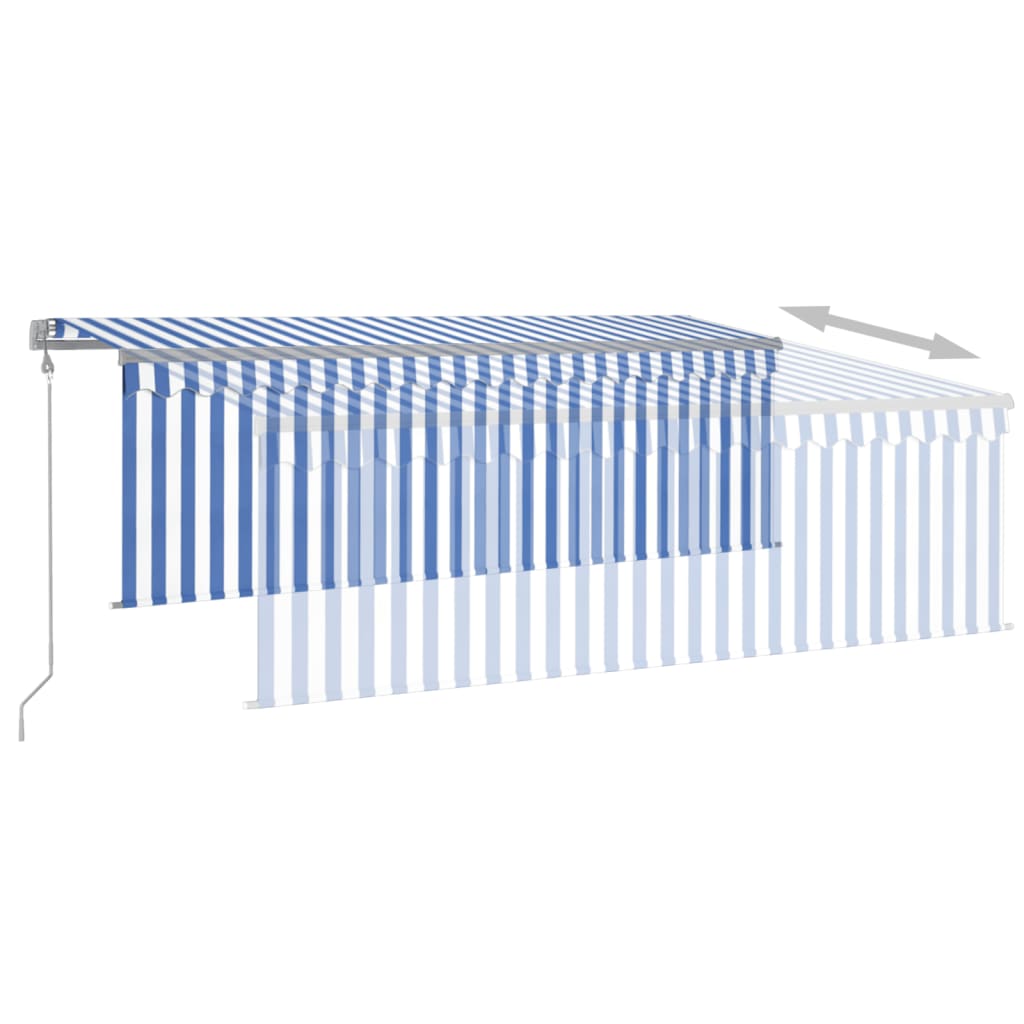 Retractable awning curtain/LED/wind sensor 4x3 m blue and white.