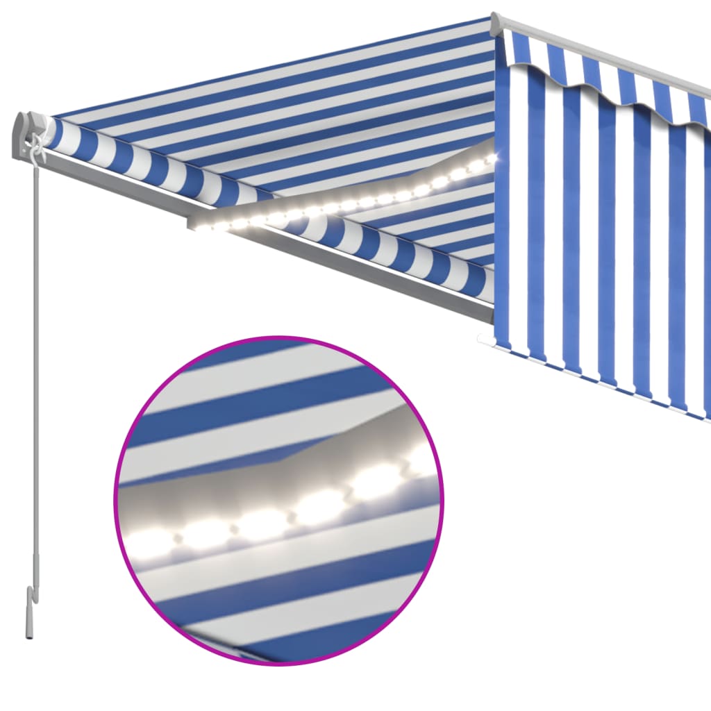 Retractable awning curtain/LED/wind sensor 4x3 m blue and white.