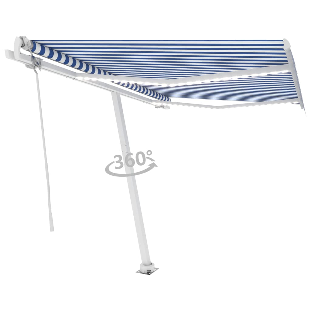 Retractable awning LED/wind sensor 300x250 cm blue and white.