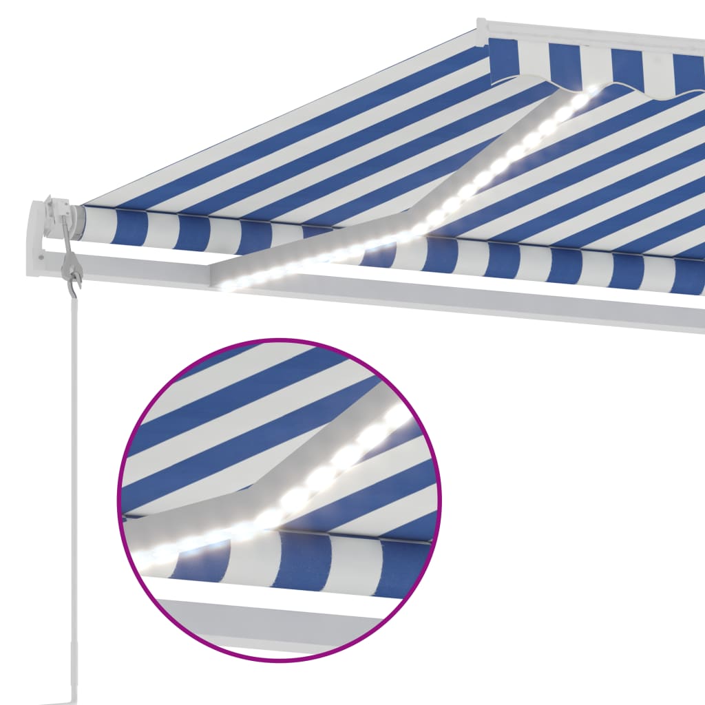 Retractable awning LED/wind sensor 300x250 cm blue and white.