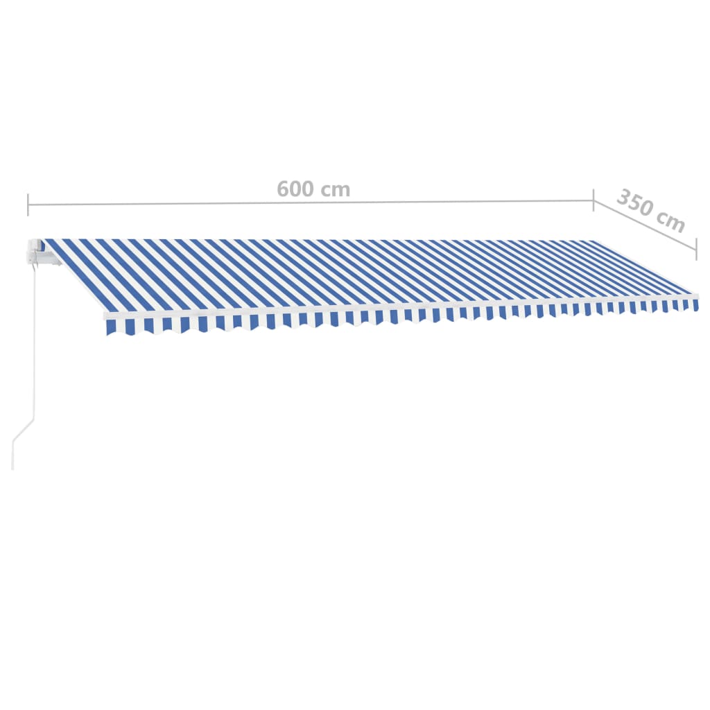 Käsin sisäänkelattava markiisi LEDillä 600x350 cm sinivalkoinen