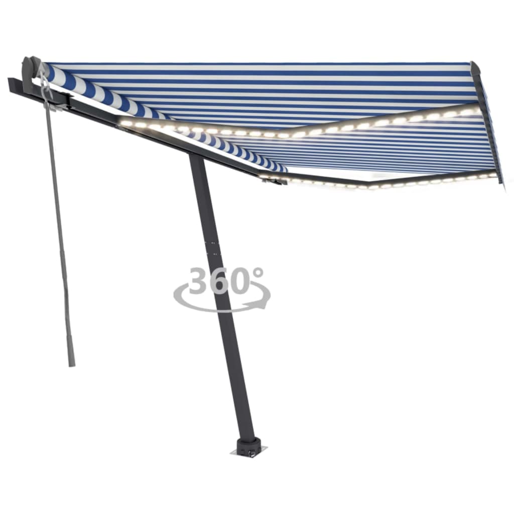 Retractable awning LED/wind sensor 300x250 cm blue and white.