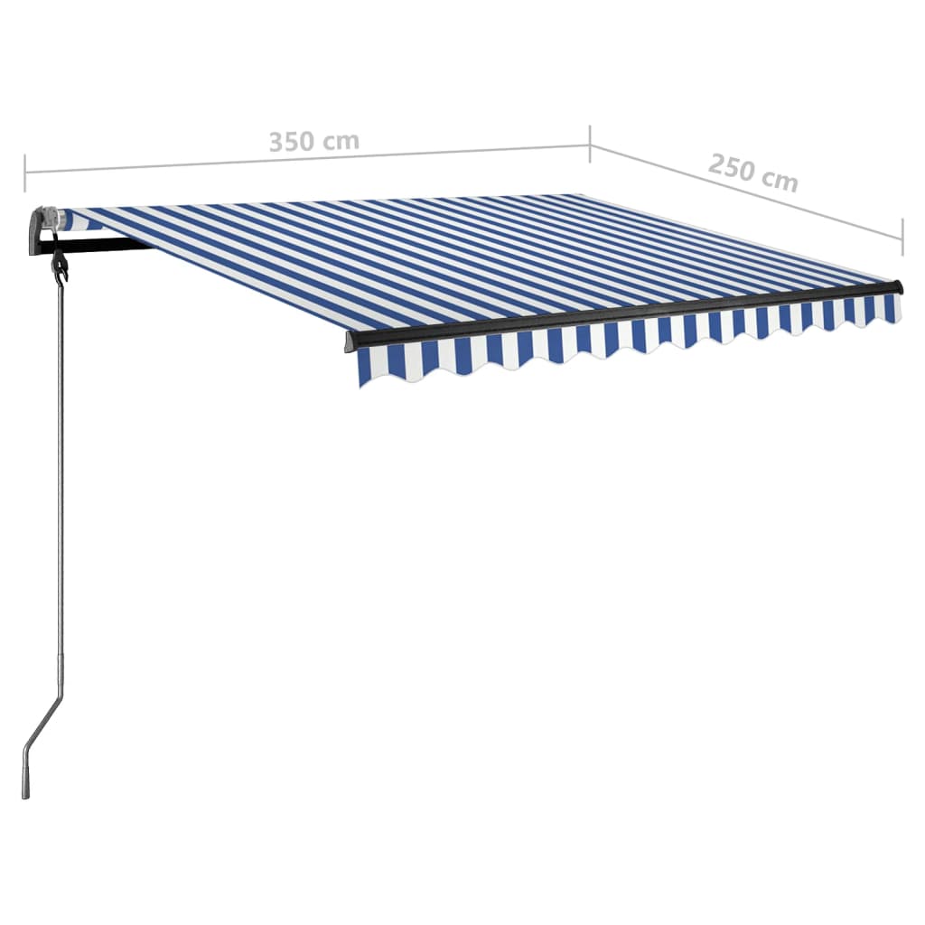 Käsin sisäänkelattava markiisi LEDillä 350x250cm sinivalkoinen