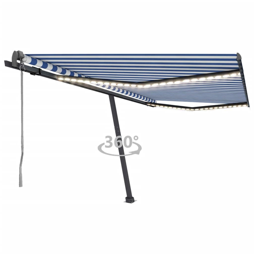 Retractable awning LED/wind sensor 450x300 cm blue and white.