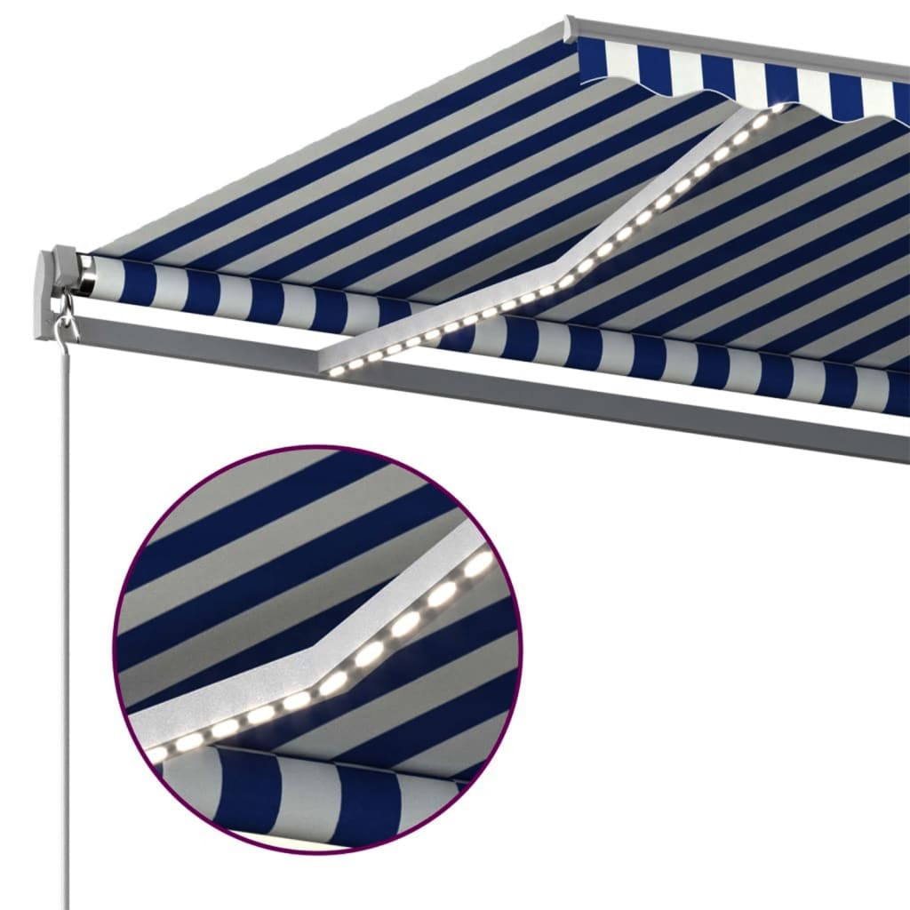 Retractable awning LED/wind sensor 450x300 cm blue and white.