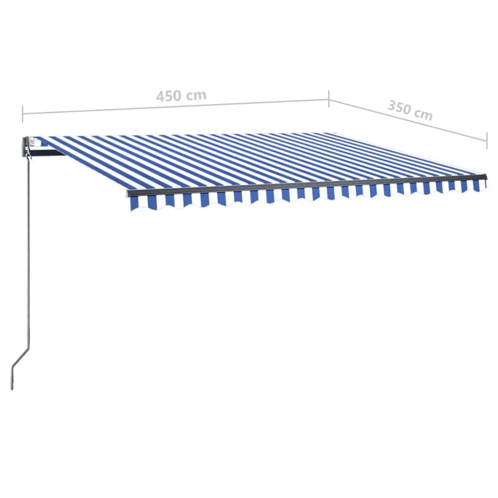 Vapaasti seisova sisäänkelattava markiisi 450x350 cm sinivalk.