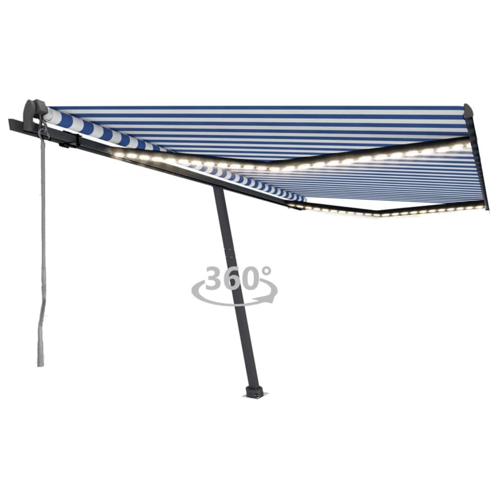 Retractable awning LED/wind sensor 450x350 cm blue and white.