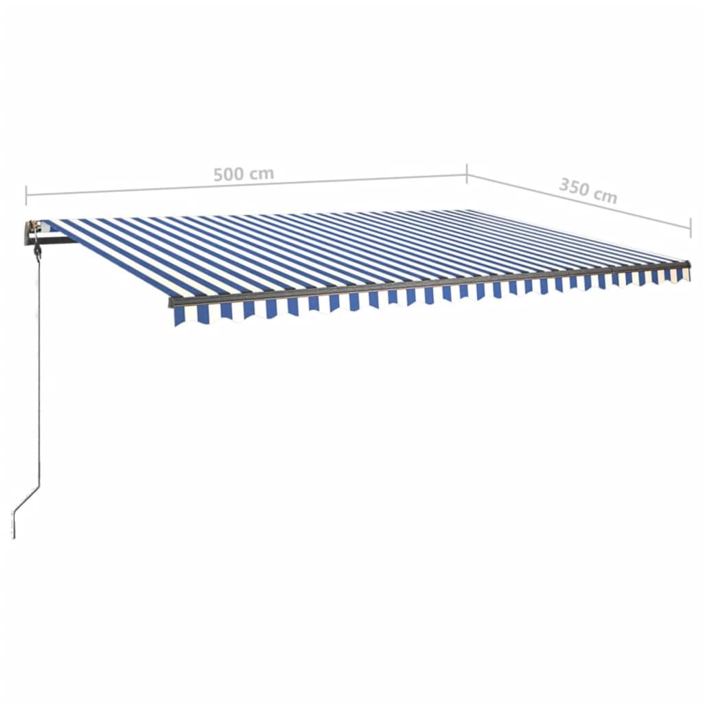 Vapaasti seisova sisäänkelattava markiisi 500x350 cm sinivalk.