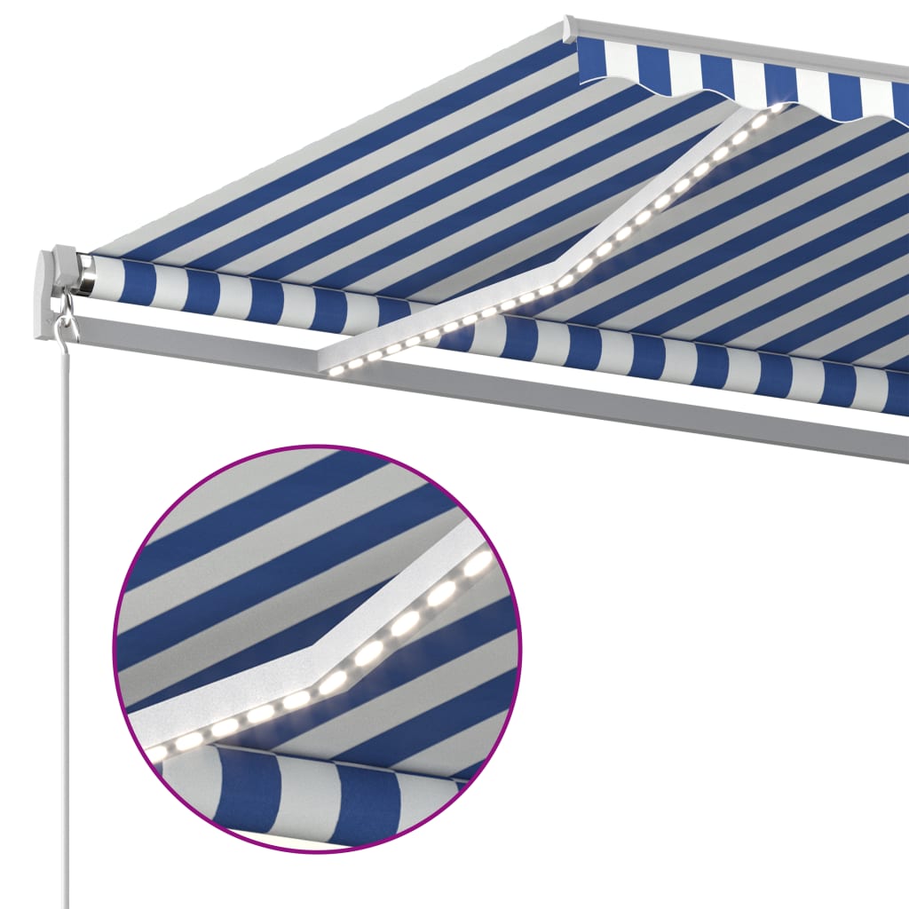 Retractable awning LED/wind sensor 4x3 m blue and white