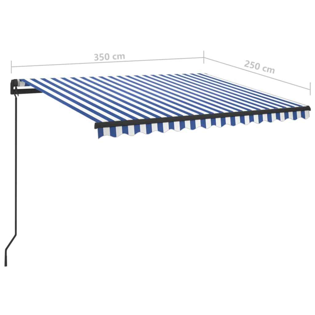 Manuaalisesti kelattava markiisi LEDillä 3,5x2,5 m sinivalk.