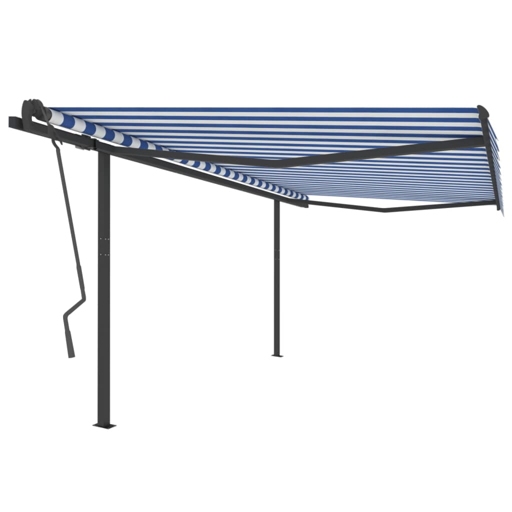 Automatically retractable awning with pole 4x3.5 m blue and white.