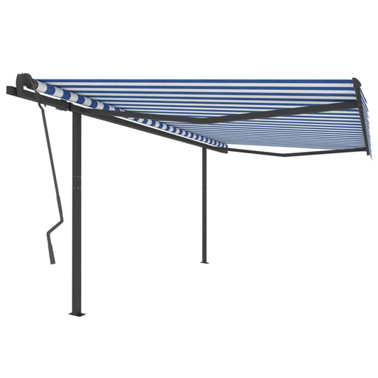 Automatically retractable awning with pole 4x3.5 m blue and white.