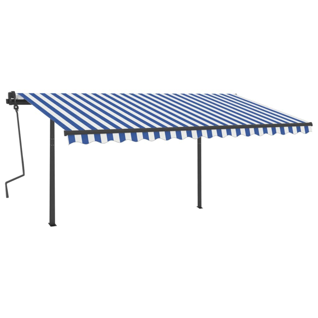 Automatically retractable awning with pole 4x3.5 m blue and white.