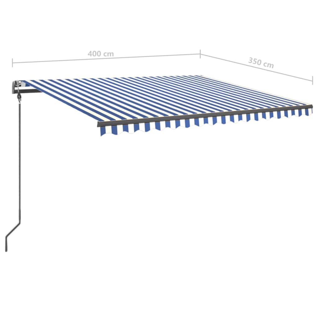 Automatically retractable awning with pole 4x3.5 m blue and white.