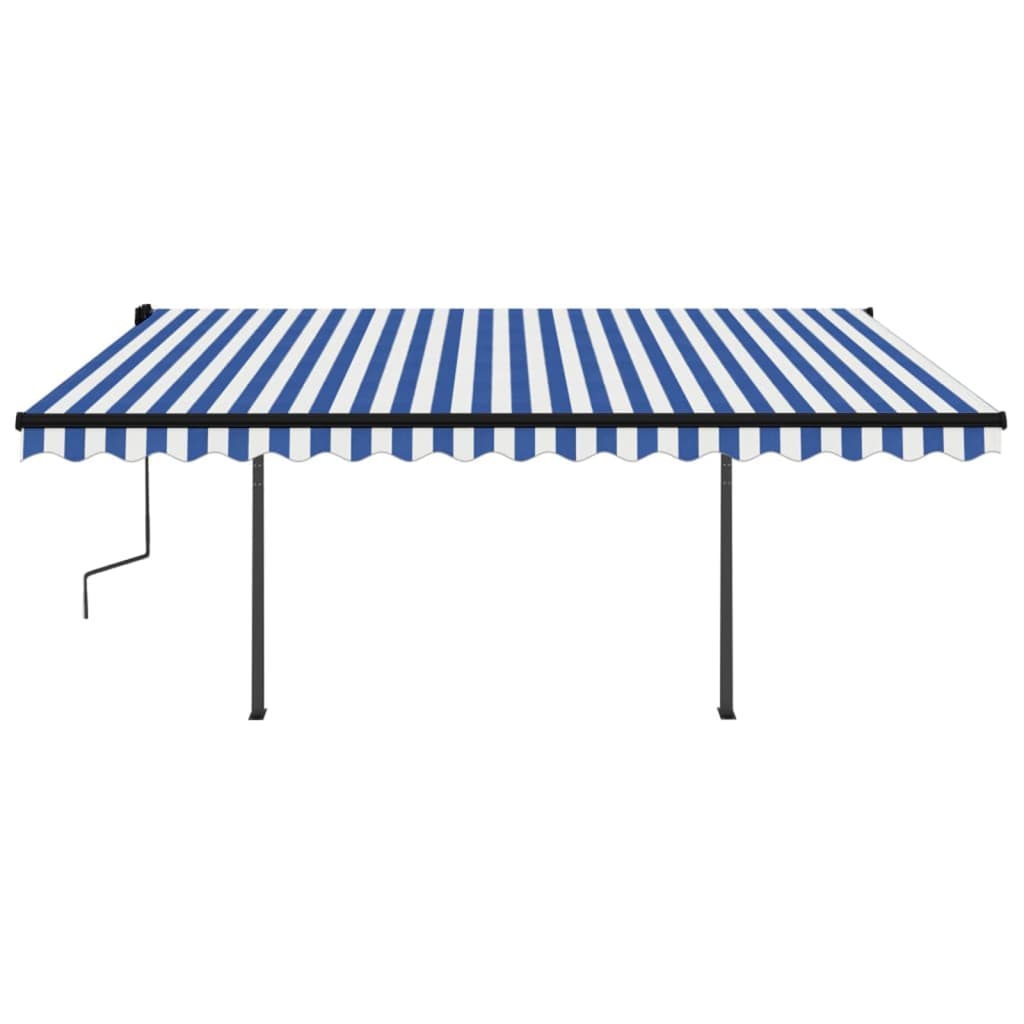 Automatically retractable awning with pole 4x3.5 m blue and white.