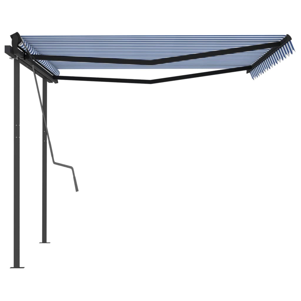 Automatically retractable awning with pole 4x3.5 m blue and white.