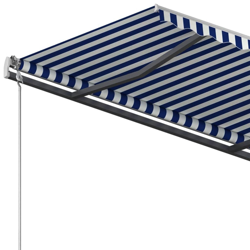 Automatically retractable awning with pole 4x3.5 m blue and white.