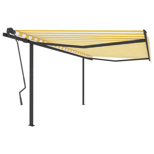 Automatically retractable awning with pole 4x3.5m yellow and white.