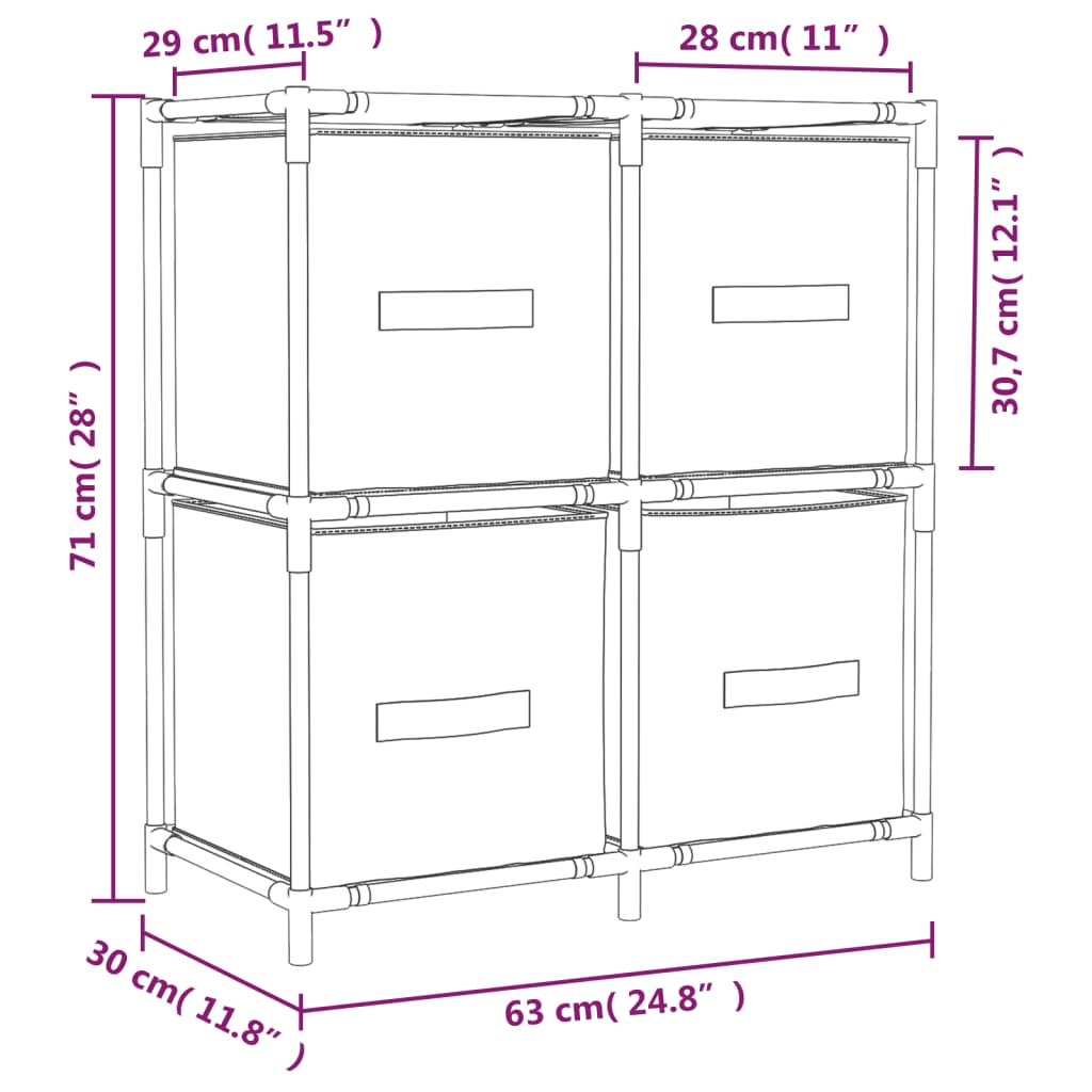 Storage cabinet with 4 fabric baskets cream 63x30x71 cm steel