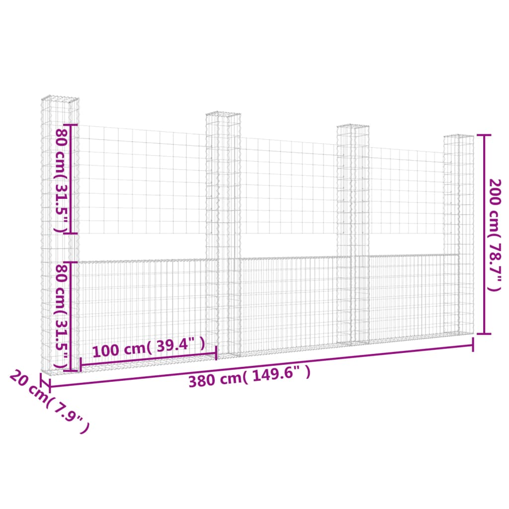 U-muotoiset kivikorit 4 pylväällä rauta 380x20x200 cm