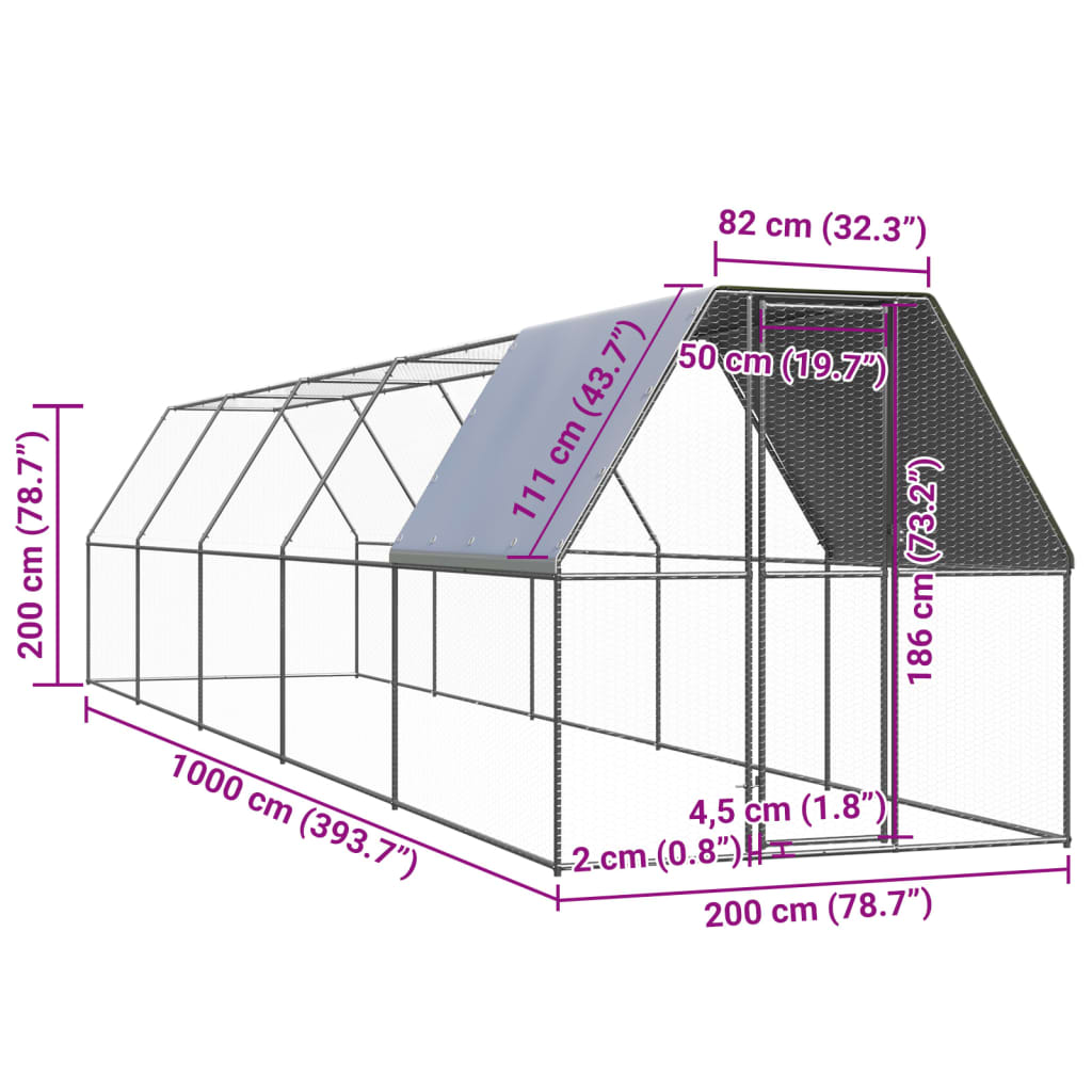 Ulkotilan kanahäkki 2x10x2 m galvanoitu teräs