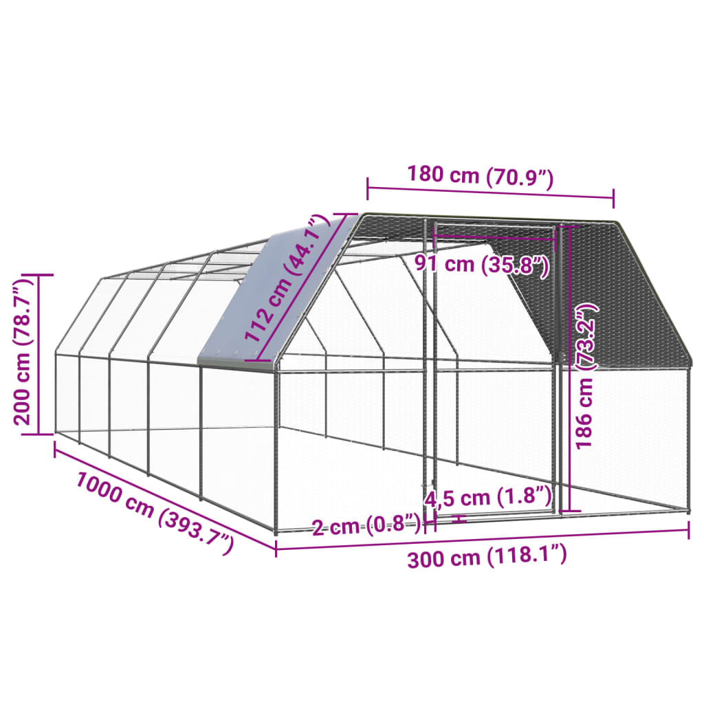 Ulkotilan kanahäkki 3x10x2 m galvanoitu teräs