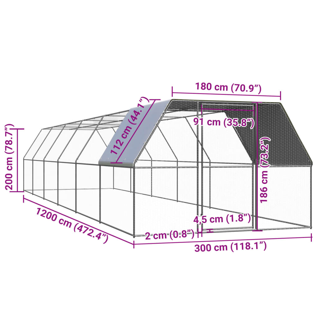 Ulkotilan kanahäkki 3x12x2 m galvanoitu teräs