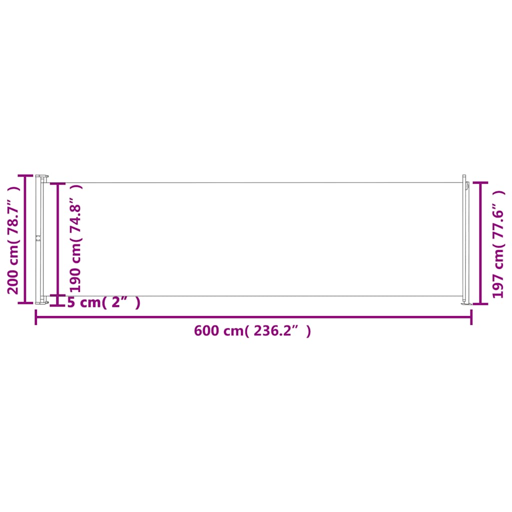 Terassin sisäänvedettävä sivumarkiisi 200x600 cm musta