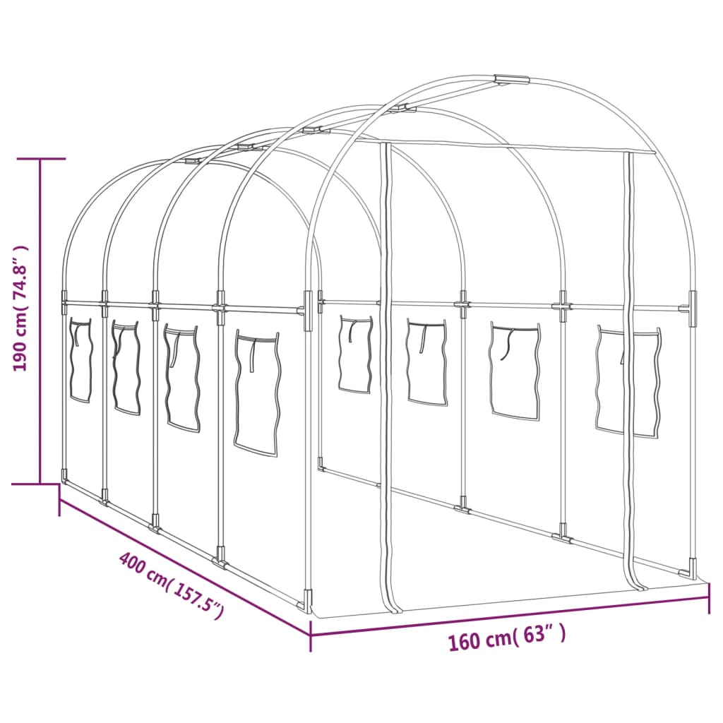 Kasvihuone läpinäkyvä 160x400x190 cm PVC ja jauhemaalattu teräs