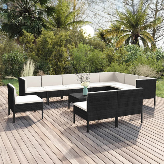 11-piece garden sofa set with cushions, polyrattan, black