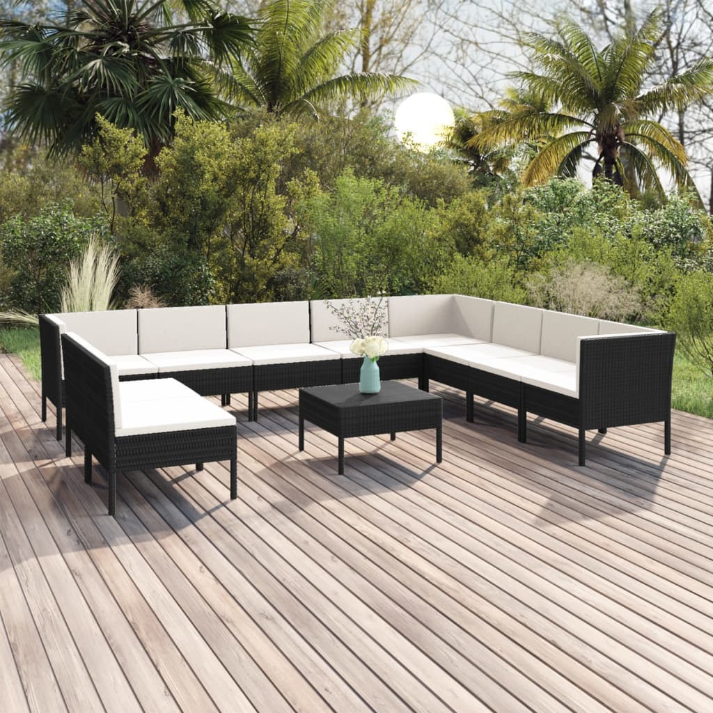 11-piece garden sofa set with cushions, polyrattan, black