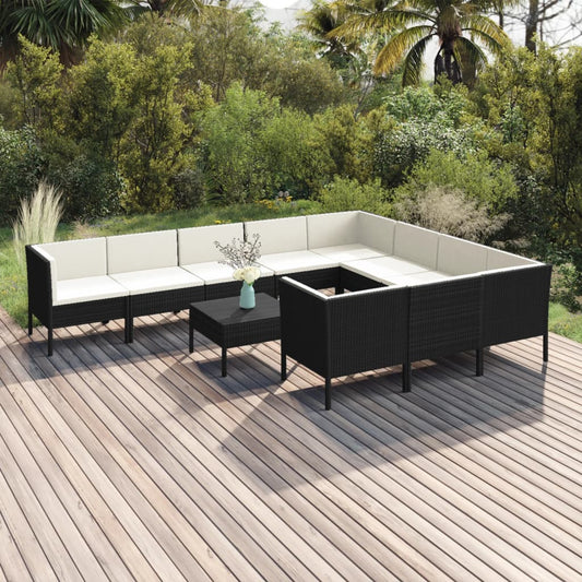 11-piece garden sofa set with cushions, polyrattan, black