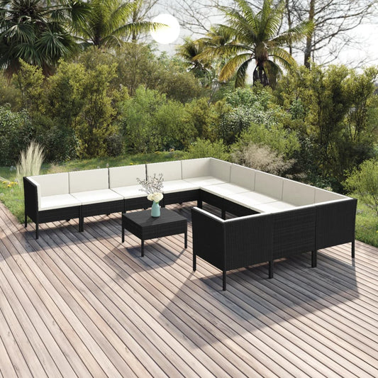 12-piece garden sofa set with cushions, polyrattan, black