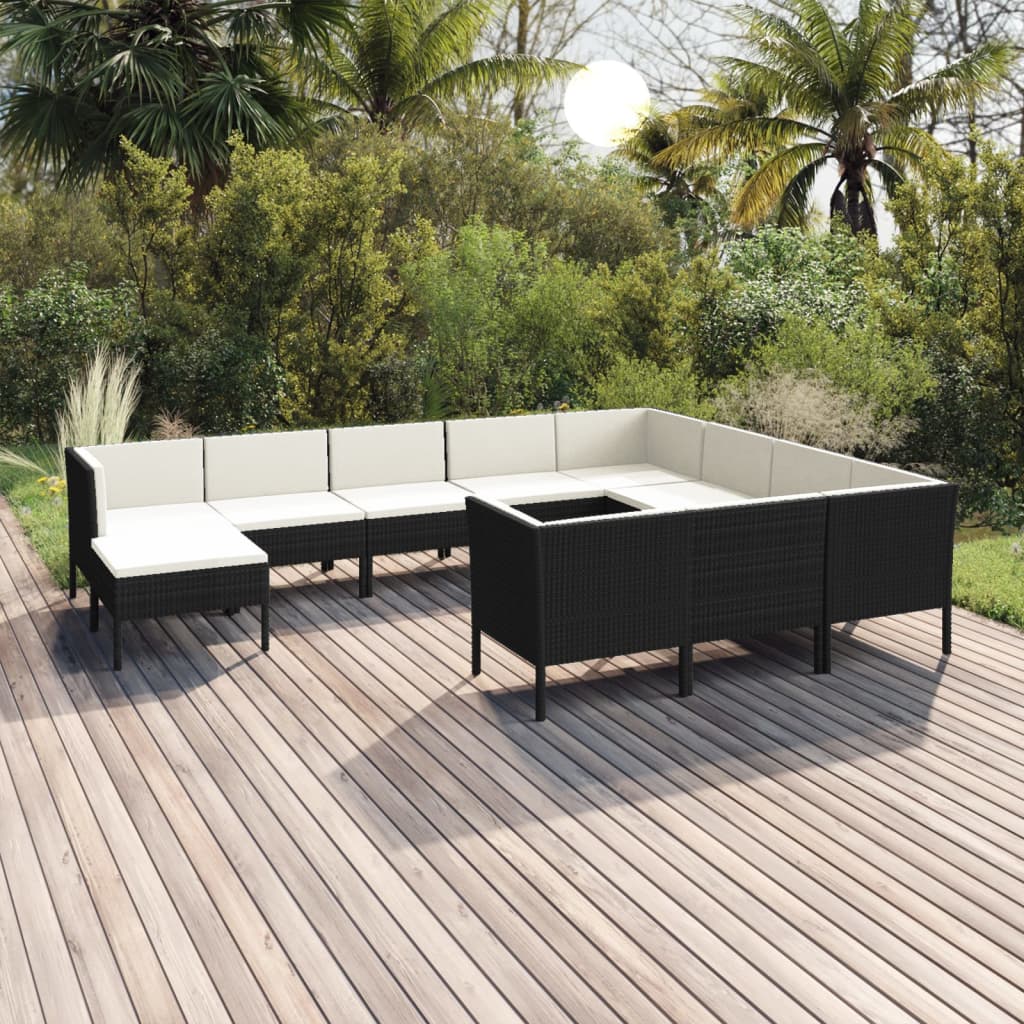 11-piece garden sofa set with cushions, polyrattan, black