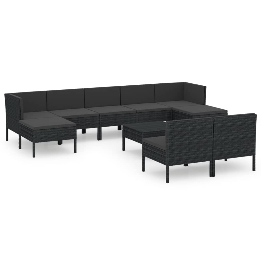 10-teiliges Gartensofa-Set mit Kissen Polyrattan schwarz