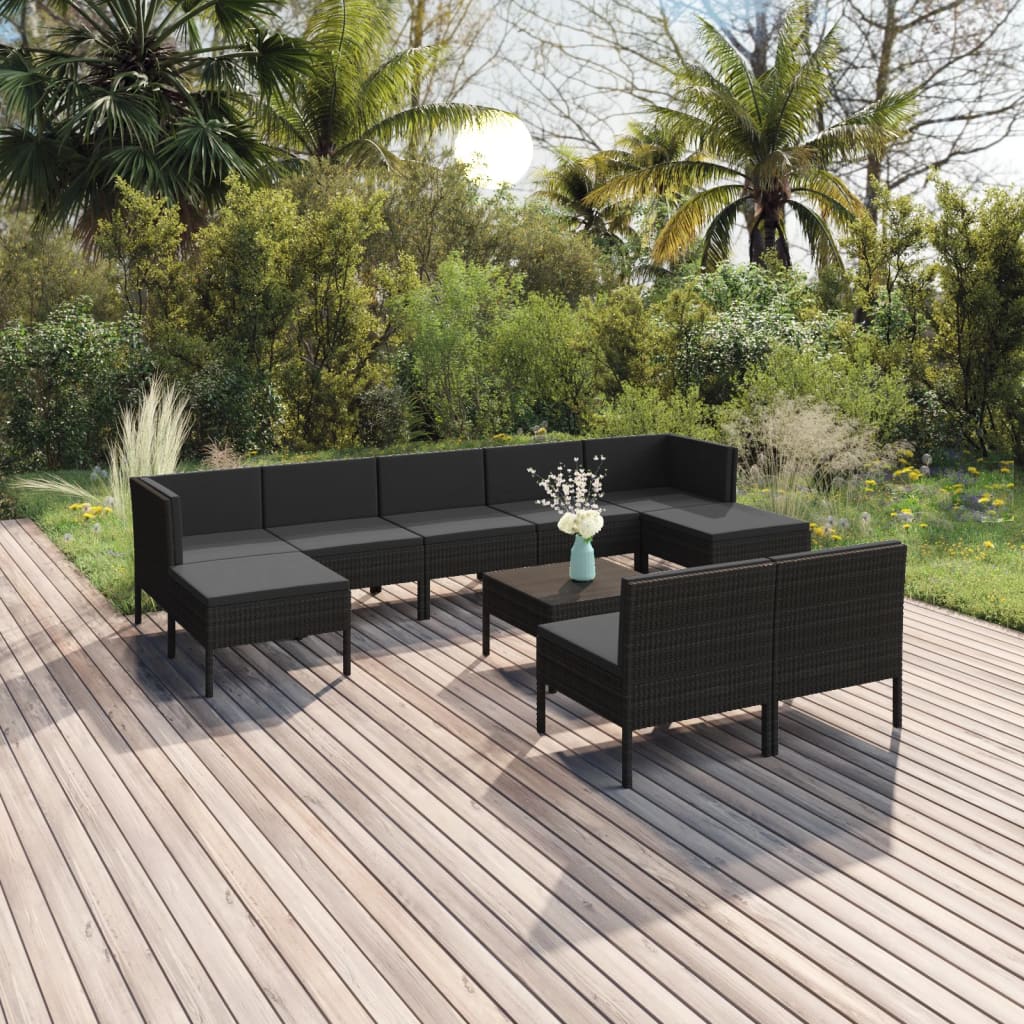 10-teiliges Gartensofa-Set mit Kissen Polyrattan schwarz