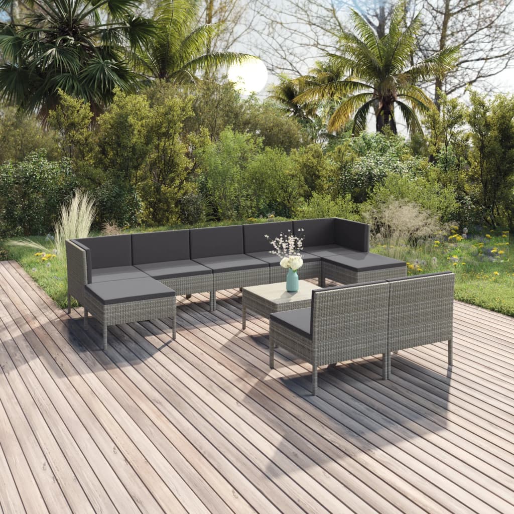 10-teilige Gartensofagarnitur mit Kissen Polyrattan grau