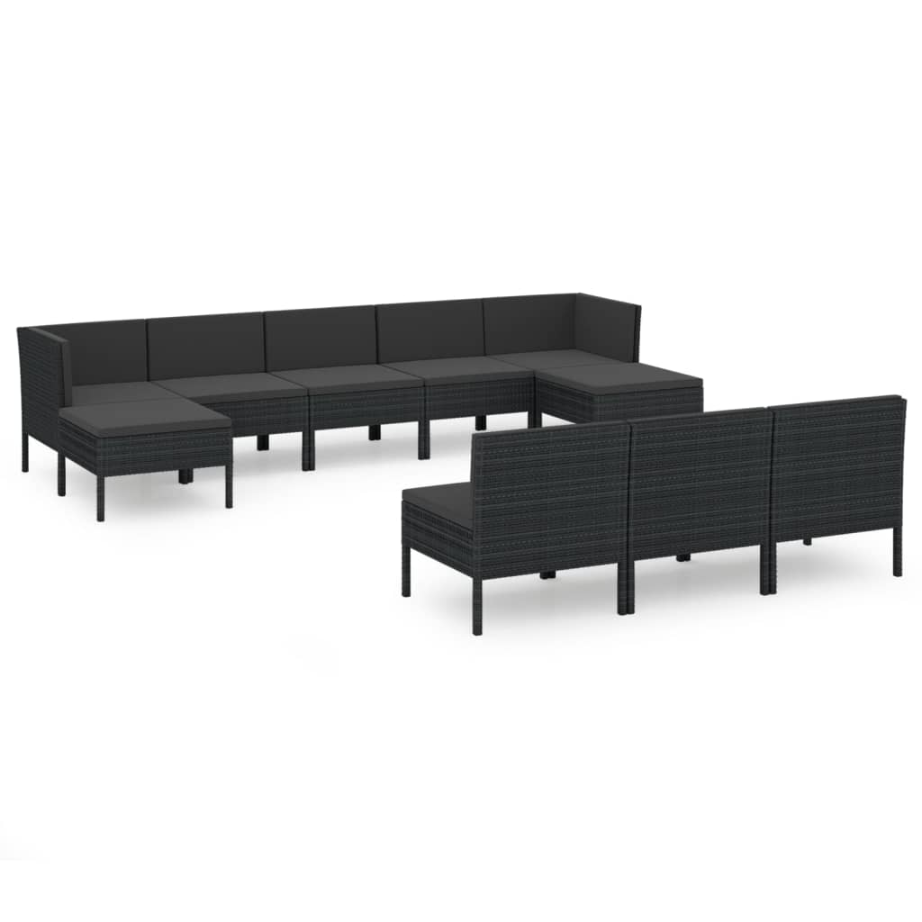 10-teiliges Gartensofa-Set mit Kissen Polyrattan schwarz