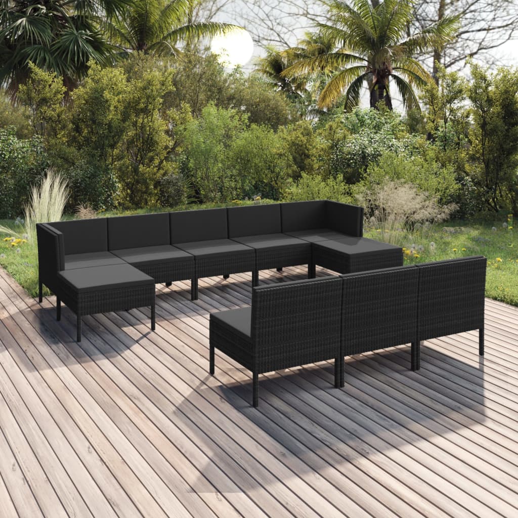 10-teiliges Gartensofa-Set mit Kissen Polyrattan schwarz