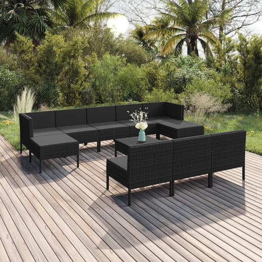 11-piece garden sofa set with cushions, polyrattan, black