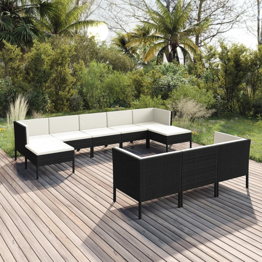 10-piece garden sofa set with cushions, polyrattan, black